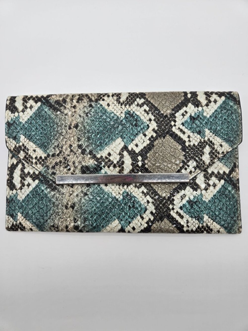 Teal Gray Black Snakeskin Metallic Envelope Clutch Bag EUC